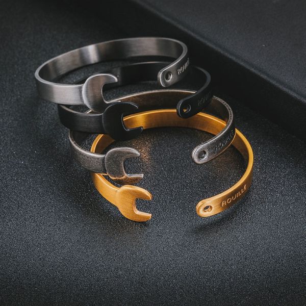 8.5mm width titanium steel wrench open bracelet frosting black gold retro silver four colors punk spanner men women bangle jewelry fashion g, Golden;silver
8.5mm width titanium steel wrench open bracelet frosting black gold retro silver four colors punk spanner men women bangle jewelry fashion g, Golden;silver