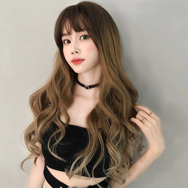 hair lace wigs wig air bangs round face women's headgear khaki gradual change long curly hair, Black
hair lace wigs wig air bangs round face women's headgear khaki gradual change long curly hair, Black