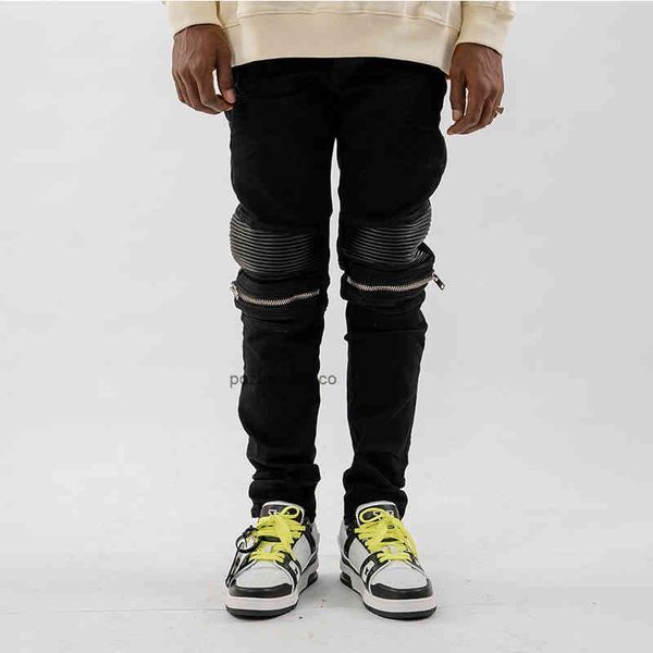 leather designer men jeans ch high street fashion brand wash water black 2023 collage amirs knee zipper hole elastic slim fit small foot je, Blue