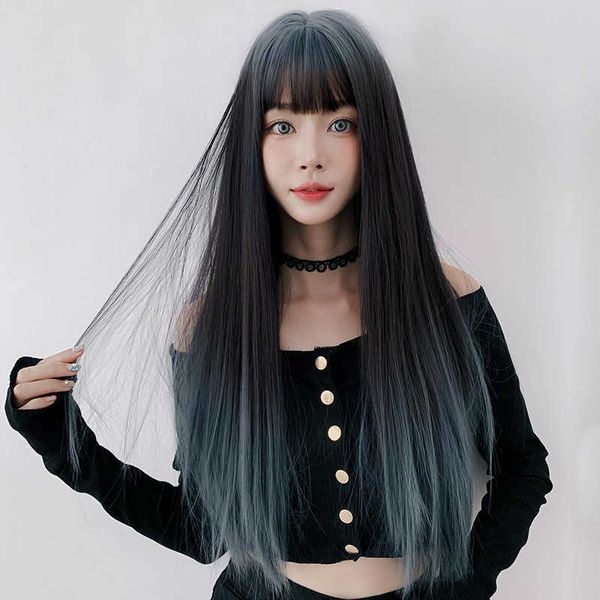 hair lace wigs wig women's long gradient air bangs net red blue straight hair ita headgear, Black
hair lace wigs wig women's long gradient air bangs net red blue straight hair ita headgear, Black