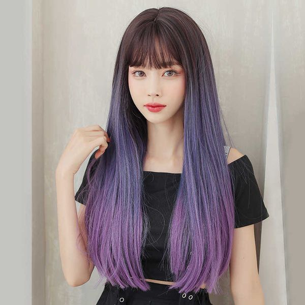 hair lace wigs wig female blue gradient long straight air bangs hair fashion purple head set, Black
hair lace wigs wig female blue gradient long straight air bangs hair fashion purple head set, Black
