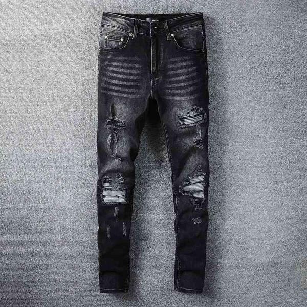 and 2023 amirs mens jeans designer new black gray hole european scraping old patching cloth american slim fit small leg jeans men's hig, Blue 
and 2023 amirs mens jeans designer new black gray hole european scraping old patching cloth american slim fit small leg jeans men's hig, Blue