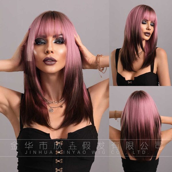 hair lace wigs bangs gradual pink brown layered wig chemical fiber medium long hair cover 20inch, Black
hair lace wigs bangs gradual pink brown layered wig chemical fiber medium long hair cover 20inch, Black