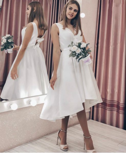 short wedding dress simple with bow back elegant v-neck tank sleeveless bridal gown robe de mariee charming beach civil, White
short wedding dress simple with bow back elegant v-neck tank sleeveless bridal gown robe de mariee charming beach civil, White