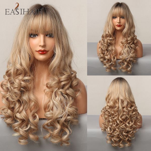 ombre brown champagne blonde highlight long loose wave synthetic hair wigs with bang heat resistant fake hair for womenfactory direct, Black
ombre brown champagne blonde highlight long loose wave synthetic hair wigs with bang heat resistant fake hair for womenfactory direct, Black