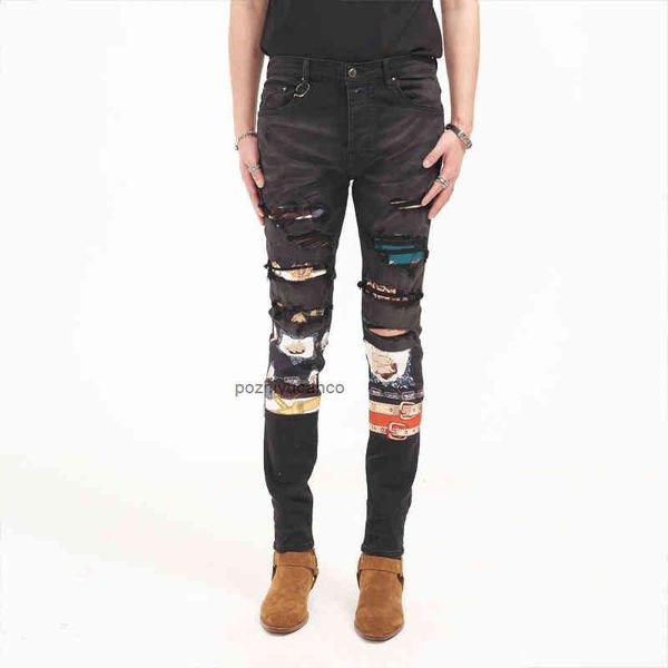 amirs designer men jeans ch amirs high street tide brand washing black headscarf printed cashew flower hole patch cloth slim fitting jeans, Blue
amirs designer men jeans ch amirs high street tide brand washing black headscarf printed cashew flower hole patch cloth slim fitting jeans, Blue