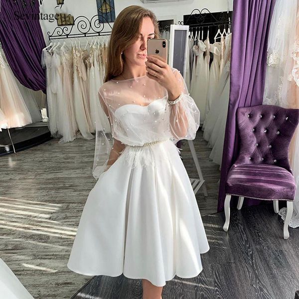 satin short wedding dress boho 2 pieces knee length pearls bridal gowns puff long sleeve vestido de noiva, White
satin short wedding dress boho 2 pieces knee length pearls bridal gowns puff long sleeve vestido de noiva, White