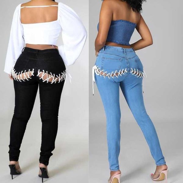 designer womens hip strap elastic jeans elastic waist hole denim pants trousers, Blue
designer womens hip strap elastic jeans elastic waist hole denim pants trousers, Blue