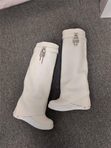 designer luxury shark lock wedge knee white leather boots women's boot with with original box, Black
designer luxury shark lock wedge knee white leather boots women's boot with with original box, Black