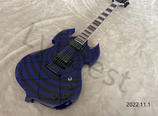 lvyelectric guitar black circle decal with blue color large block fingerboard inlay single white binidng around neck
lvyelectric guitar black circle decal with blue color large block fingerboard inlay single white binidng around neck