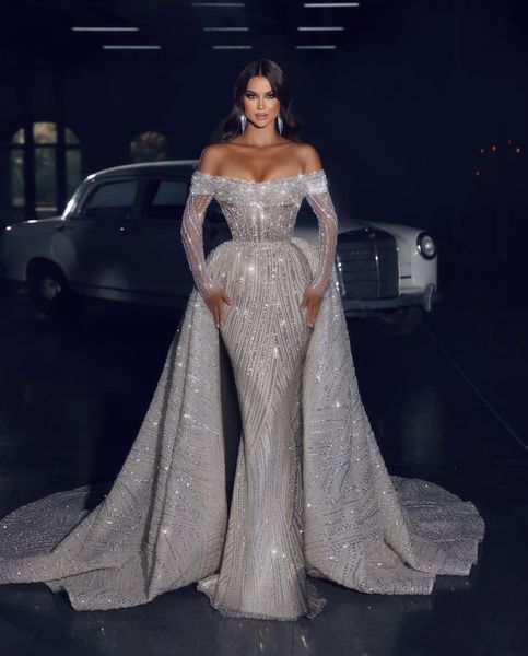 sparkling wedding dresses long sleeves bateau off shoulder sequins appliques 3d lace formal dresses detachable train bridal gowns sweep trai, White
sparkling wedding dresses long sleeves bateau off shoulder sequins appliques 3d lace formal dresses detachable train bridal gowns sweep trai, White