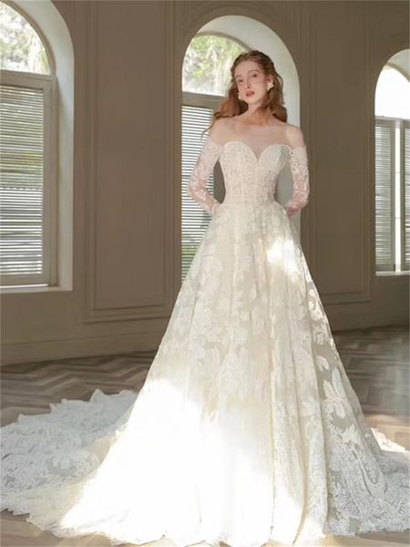 french wedding dress vintage lace off shoulder bridal long sleeve tug tail luxury hb0188, White
french wedding dress vintage lace off shoulder bridal long sleeve tug tail luxury hb0188, White
