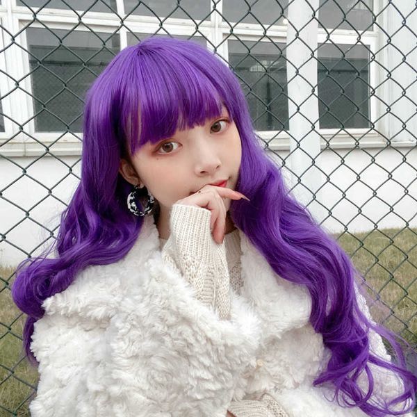 

women's hair wigs lace synthetic purple wig female long curly air bangs big wav dyed chemical fiber headgear ita false straight hair, Black