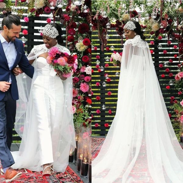 sweetheart satin jumpsuit a-line wedding dresses with wrap cape lace applique boho garden bridal gown pant suit vestidos de novia, White
sweetheart satin jumpsuit a-line wedding dresses with wrap cape lace applique boho garden bridal gown pant suit vestidos de novia, White