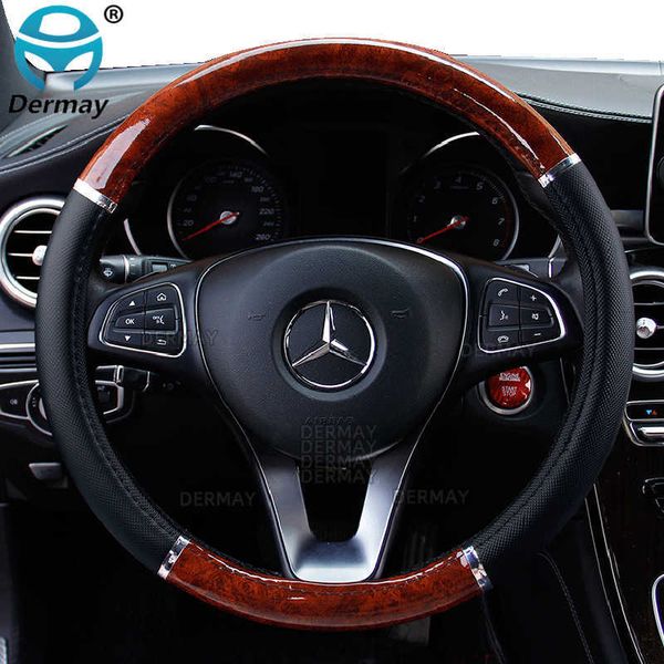 

steering wheel covers universal auto car cover mahogany wood leather fit 37-38cm car steer interior decoration t221108
