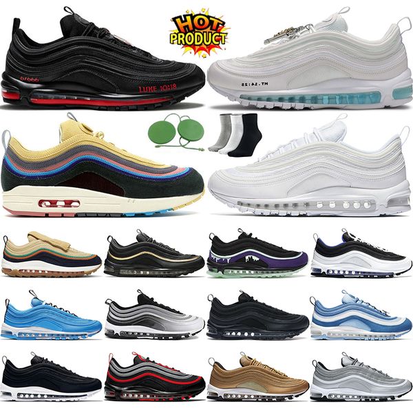 

running shoes 97 97s jesus shoes satan sean wotherspoon triple white black halloween silver bullet blue hero bred mens womens trainer