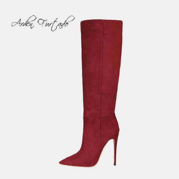 boots arden furtado 2020 winter fashion women's shoes elegant burgundy suede pointed toe stilettos heels knee high 44 45 220906, Black