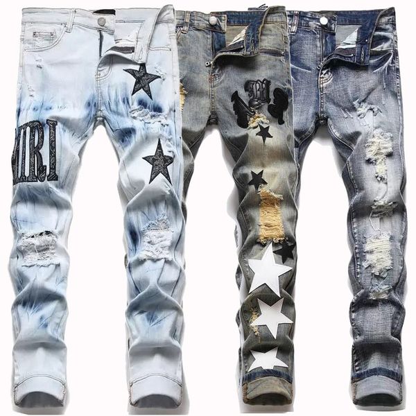 Image of Pant Mens Designer Jeans Hiking Ripped Hip hop High Street Brand Pantalones Vaqueros Para Hombre Motorcycle Embroidery Close fitting Slim Pencil Pants