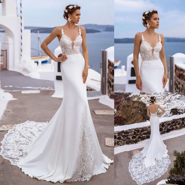 stunning mermaid lace wedding dresses backless bridal gowns sheer plunging neckline appliqued sweep train vestido de novia, White
stunning mermaid lace wedding dresses backless bridal gowns sheer plunging neckline appliqued sweep train vestido de novia, White