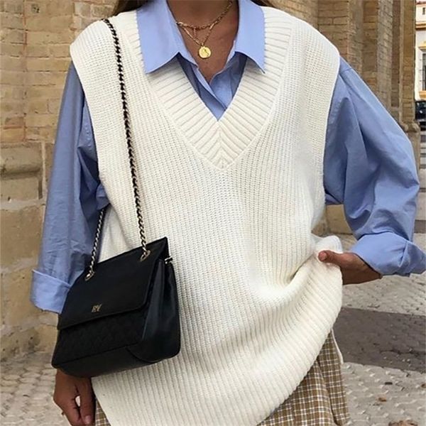 women's vests forefair v neck sleeve white knitted autumn winter women sweater casual loose outwear solid preppy style 221109, Black;white
women's vests forefair v neck sleeve white knitted autumn winter women sweater casual loose outwear solid preppy style 221109, Black;white