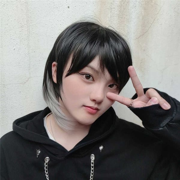 hair lace wigs wolf tail wig female short hair korean version handsome hanging ear dye gradient grey mullet head set, Black
hair lace wigs wolf tail wig female short hair korean version handsome hanging ear dye gradient grey mullet head set, Black