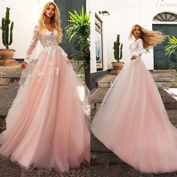 pink wedding dress long sleeve appliques lace wedding gown custom made boheimian a-line v-neck bridal gowns, White
pink wedding dress long sleeve appliques lace wedding gown custom made boheimian a-line v-neck bridal gowns, White