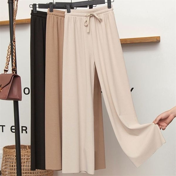 

women's pants capris ice silk wide-leg spring summer retro casual high-waist thin section drape loose and straight 221109, Black;white