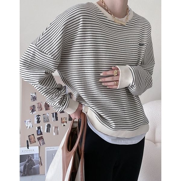 women's hoodies sweatshirts design sense fake two-piece striped sweater women's autumn loose round neck long-sleeved 221109, Black
women's hoodies sweatshirts design sense fake two-piece striped sweater women's autumn loose round neck long-sleeved 221109, Black