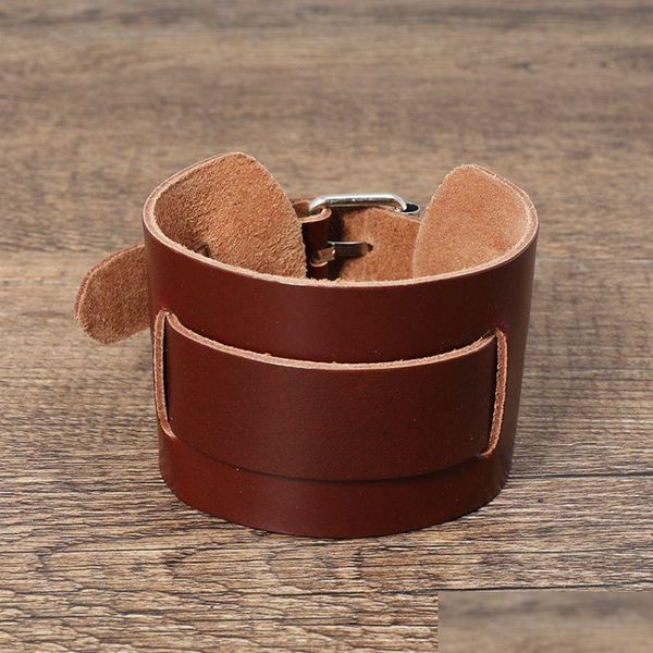 bangle wide belt leather bangle cuff mtilayer wrap adjustable bracelet wristand for men women fashion jewelry drop delivery bracelets dhoep, Black