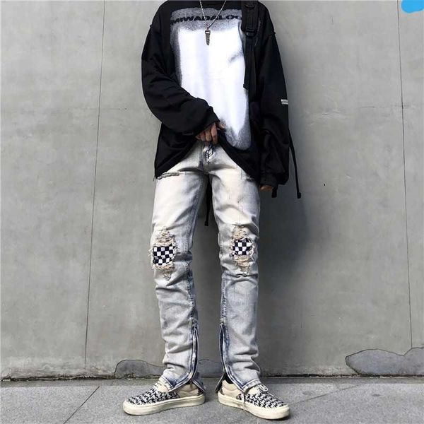 men's hoody fashion designer fog pants jeans high street wind hole patch cloth checkerboard slim fit zipper brand ins justi bi, Blue
men's hoody fashion designer fog pants jeans high street wind hole patch cloth checkerboard slim fit zipper brand ins justi bi, Blue