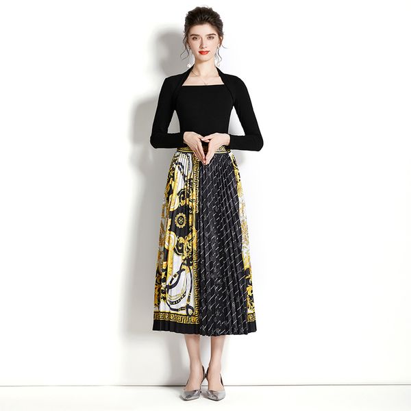elegant floral two piece dress women 2022 vintage printed black square neck long sleeve sweater and midi pleated skirt sets runway designer, White
elegant floral two piece dress women 2022 vintage printed black square neck long sleeve sweater and midi pleated skirt sets runway designer, White
