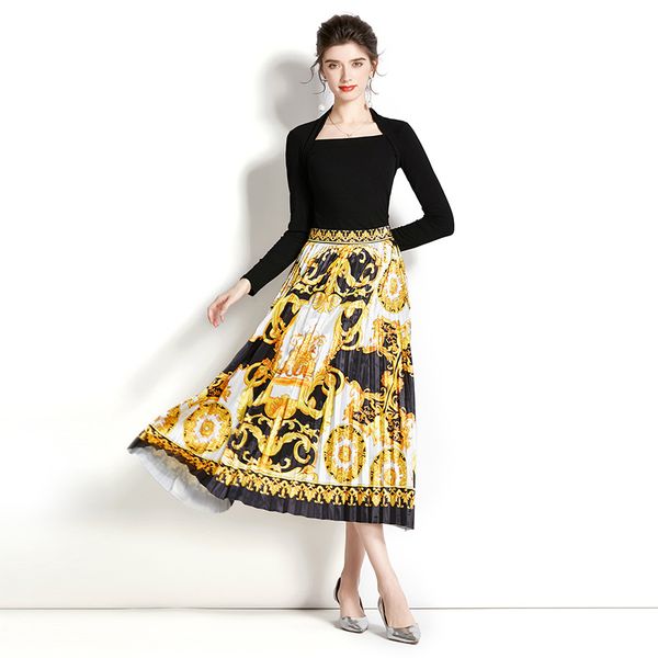 2022 runway elegant ladies two piece dress vintage printed square neck long sleeve sweater and midi pleated skirt sets designer women casual, White
2022 runway elegant ladies two piece dress vintage printed square neck long sleeve sweater and midi pleated skirt sets designer women casual, White