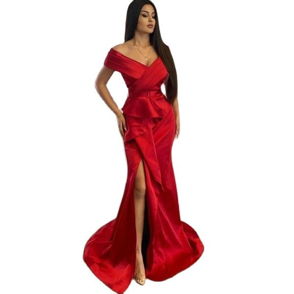 red v-neck mermaid evening dresses 2023 off the shoulder side split sashes satin formal prom gowns for women robes de soiree, Black;red
red v-neck mermaid evening dresses 2023 off the shoulder side split sashes satin formal prom gowns for women robes de soiree, Black;red