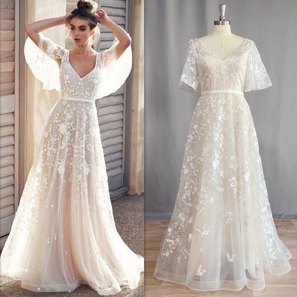 v-neck wedding dress backless beach batwing sleeve bride gown lace appliques real image, White
v-neck wedding dress backless beach batwing sleeve bride gown lace appliques real image, White