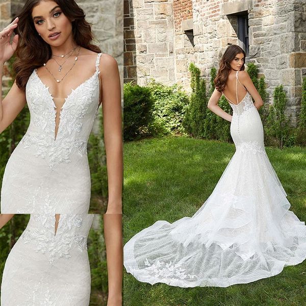 slim-fitting mermaid wedding dresses v neck tulle spaghetti straps lace appliques vestidos de novia customised, White
slim-fitting mermaid wedding dresses v neck tulle spaghetti straps lace appliques vestidos de novia customised, White