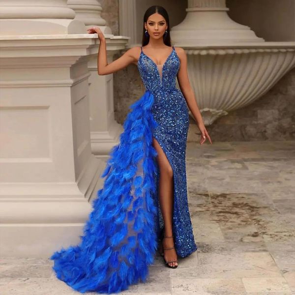 royal blue mermaid prom dresses sequined evening gowns with feather detachable train v neckline side split formal dress, Black
royal blue mermaid prom dresses sequined evening gowns with feather detachable train v neckline side split formal dress, Black
