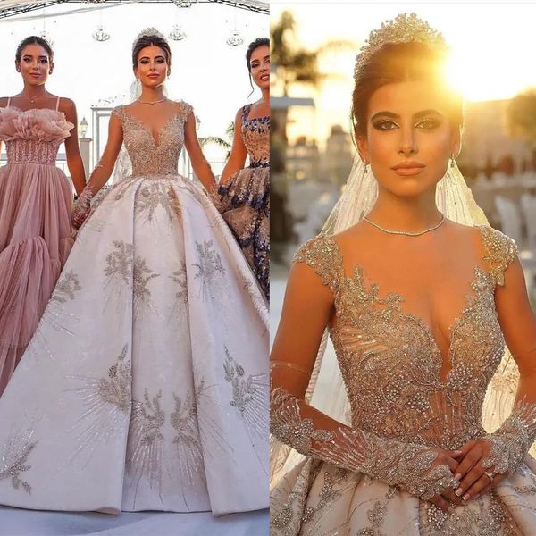 luxurious ball gown wedding dresses v-neck transparent design short sleeves shining beaded applicant on the hemline stain chapel gown custom, White
luxurious ball gown wedding dresses v-neck transparent design short sleeves shining beaded applicant on the hemline stain chapel gown custom, White