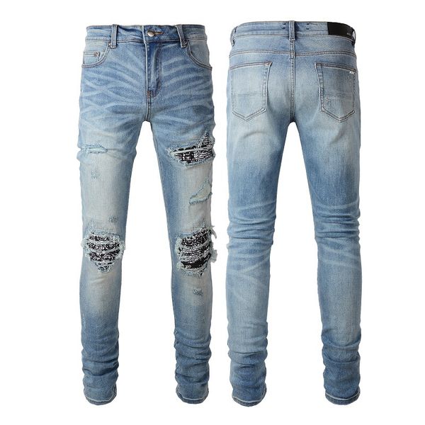 high street man elastic denim jeans with applique detail distressed washed effect slim fit, Blue
high street man elastic denim jeans with applique detail distressed washed effect slim fit, Blue