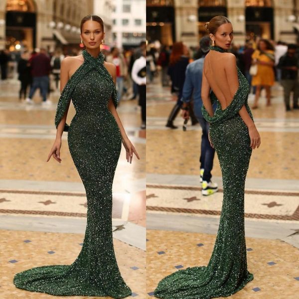 sparkly mermaid prom dresses sequined backless evening gowns halter neckline sweep train plus size formal dress, Black
sparkly mermaid prom dresses sequined backless evening gowns halter neckline sweep train plus size formal dress, Black