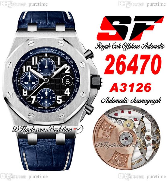 sf 42mm 2647 a3126 automatic chronograph mens watch steel case black textured dial blue leather strap with white line super edition puretime, Slivery;brown
sf 42mm 2647 a3126 automatic chronograph mens watch steel case black textured dial blue leather strap with white line super edition puretime, Slivery;brown