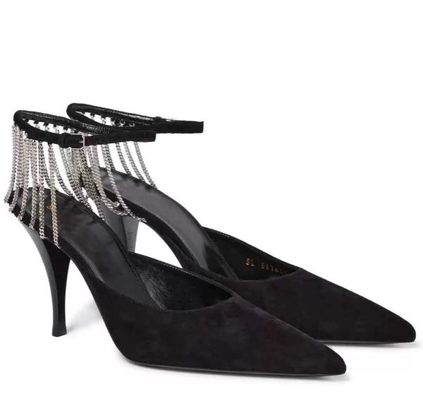 elegant vesper sandals chain suede pointed brand chain ankle strap women's high heels eu35-40, Black
elegant vesper sandals chain suede pointed brand chain ankle strap women's high heels eu35-40, Black