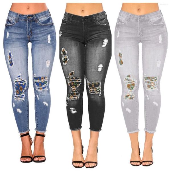 womens jeans fall fashion ripped printed patch for women street hipster anklelength denim pencil pants s2xl, Blue