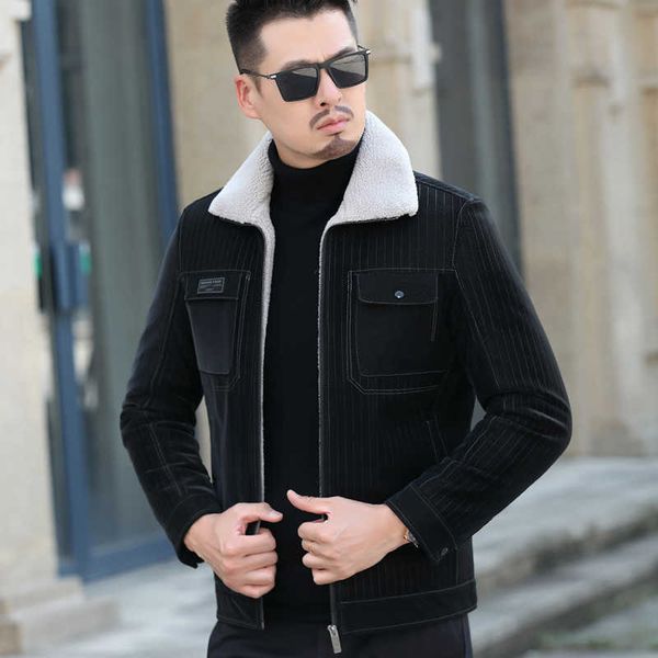 mid age men's winter youth jacket striped leather black fashion slim natural