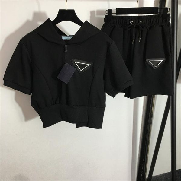 women's two piece pants set summer casual suit short sleeved hoodie elastic shorts with triangle badge sweat suit, White
women's two piece pants set summer casual suit short sleeved hoodie elastic shorts with triangle badge sweat suit, White