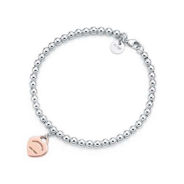 

Charm tiffancy Bracelets100% Sier 4mm Round Bead Love Heart-shaped Bracelet Female Thickened Bottom Plating for Girlfriend Souvenir