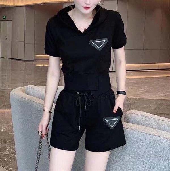women's two piece pants set summer casual suit short sleeved hoodie elastic shorts with triangle badge sweat suit, White
women's two piece pants set summer casual suit short sleeved hoodie elastic shorts with triangle badge sweat suit, White