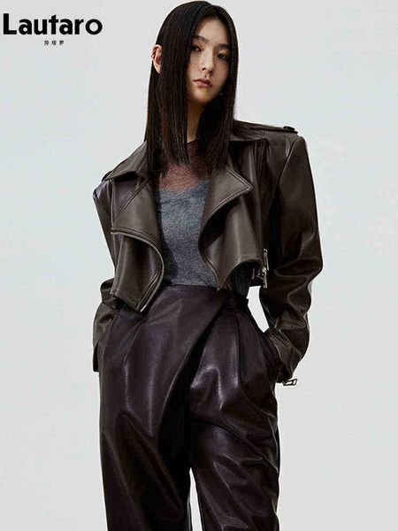 lautaro autumn short oversized brown faux leather biker jacket women long sleeve zipper loose stylish cropped korean fashion j220727, Black
lautaro autumn short oversized brown faux leather biker jacket women long sleeve zipper loose stylish cropped korean fashion j220727, Black
