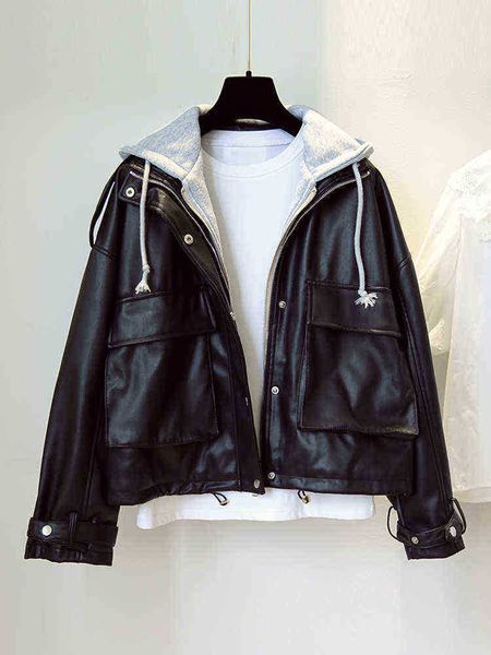 ftlzz spring autumn fake two pieces hooded faux leather jacket women casual drawstring pu leather jacket loose black outfit j220727
ftlzz spring autumn fake two pieces hooded faux leather jacket women casual drawstring pu leather jacket loose black outfit j220727