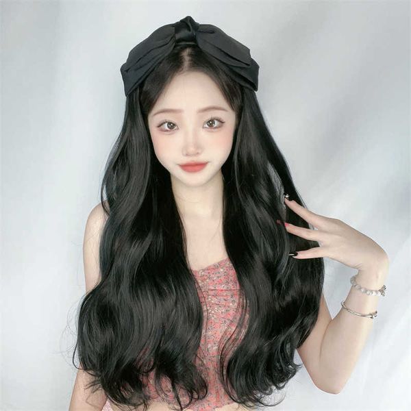 

women's hair wigs lace synthetic piece female long hair bow knot u-shaped imitation hairband wig big wave half cap sufficient, Black