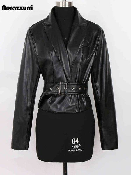 nerazzurri spring autumn short black light soft faux leather blazers for women long sleeve belt elegant luxury cropped jacket j220727
nerazzurri spring autumn short black light soft faux leather blazers for women long sleeve belt elegant luxury cropped jacket j220727